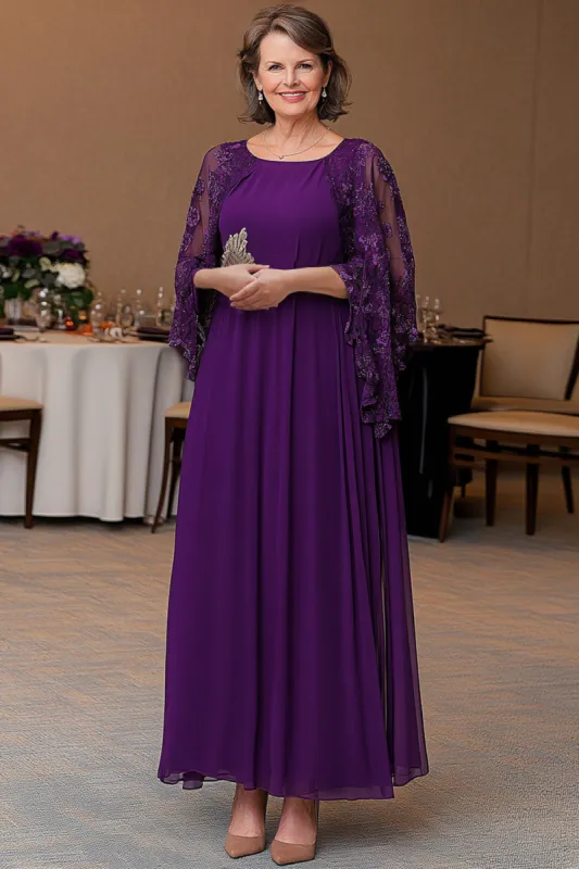 Purple A Line Shawl Sleeve Mother Of Bride Dress With Appliques sold by Zapaka