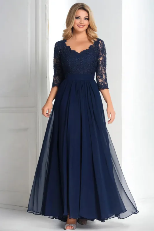 Elegant Navy V-Neck A-Line Chiffon Long Mother Of the Bride Dress with 3/4 Sleeves sold by Zapaka