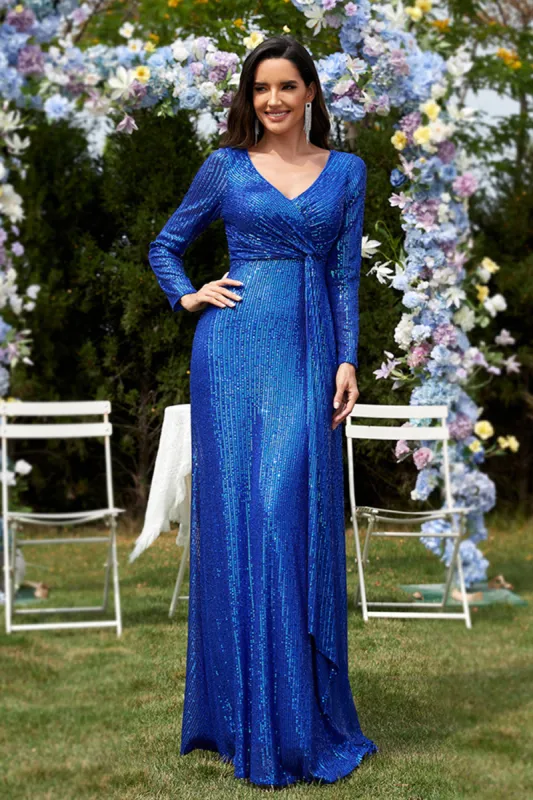 Glitter Royal Blue Beads V Neck Long Sleeves Pleated Sheath Mother of the Bride Dress sold by Zapaka