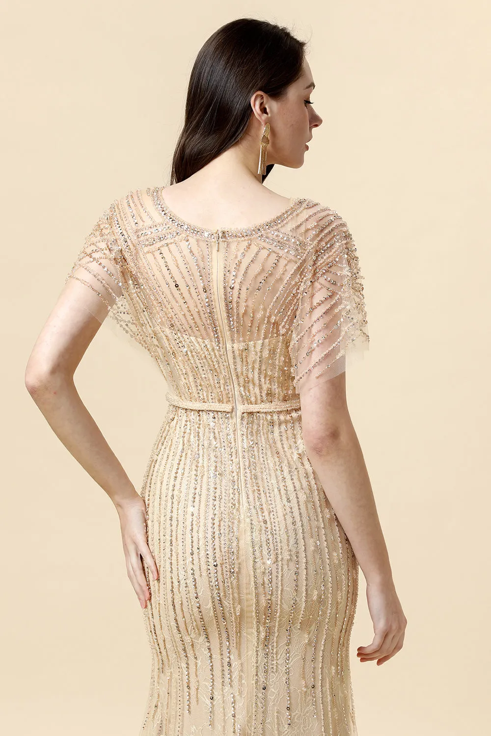 Mermaid V Neck Golden Beaded Long Formal Dress sold by Zapaka product image thumbnail 4