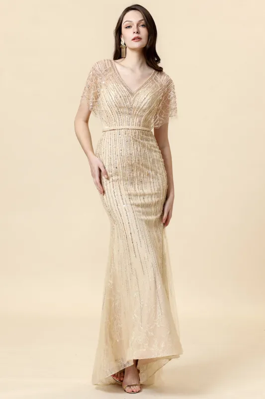 Mermaid V Neck Golden Beaded Long Formal Dress sold by Zapaka
