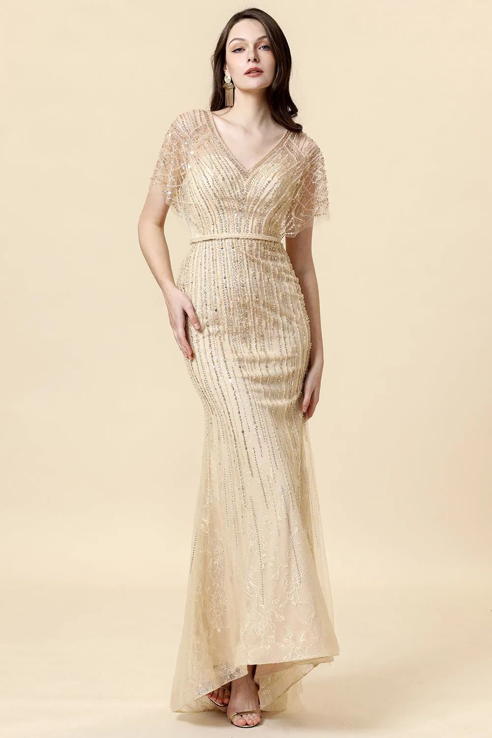 Mermaid V Neck Golden Beaded Long Formal Dress sold by Zapaka