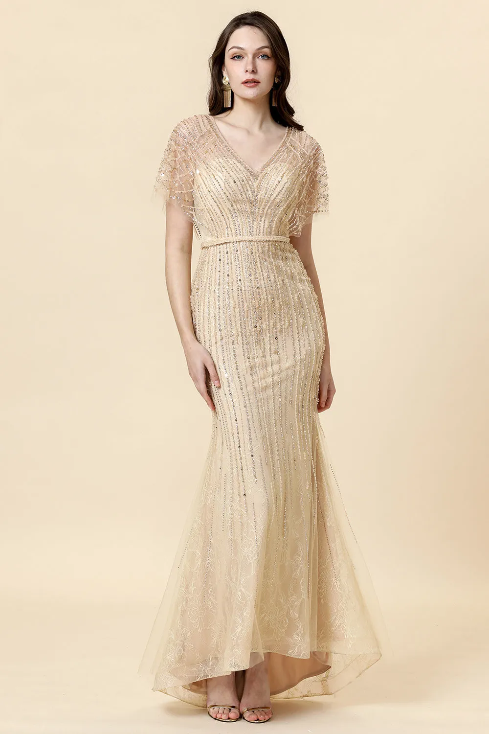 Mermaid V Neck Golden Beaded Long Formal Dress sold by Zapaka product image thumbnail 5