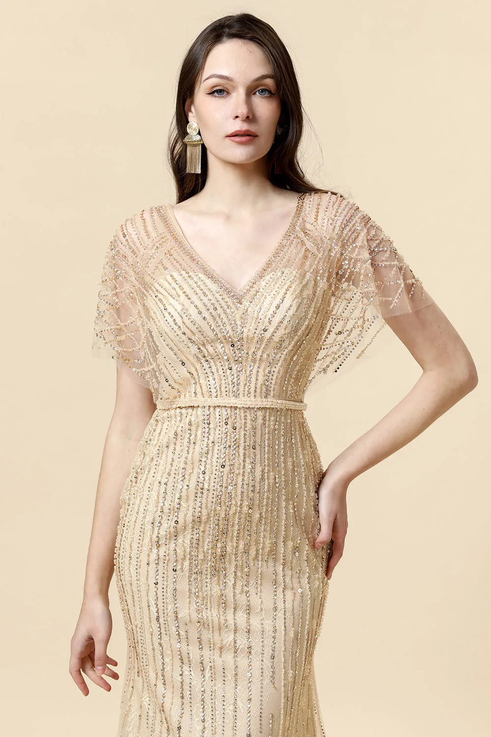 Mermaid V Neck Golden Beaded Long Formal Dress sold by Zapaka product image thumbnail 3