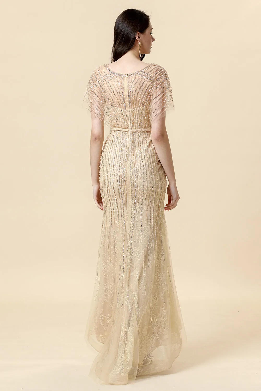 Mermaid V Neck Golden Beaded Long Formal Dress sold by Zapaka product image thumbnail 2