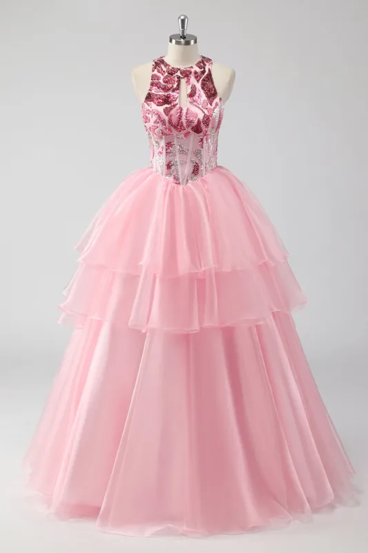 Sparkly Pink Halter Corset Appliques Tiered Long Prom Dress sold by Zapaka