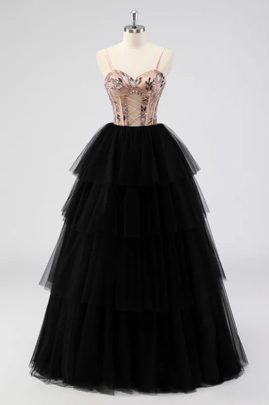 Black Tulle Tiered Spaghetti Straps Appliques A Line Long Prom Dress sold by Zapaka