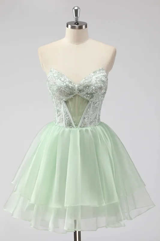 A Line Strapless Corset Light Green Short Homecoming Dress sold by Zapaka