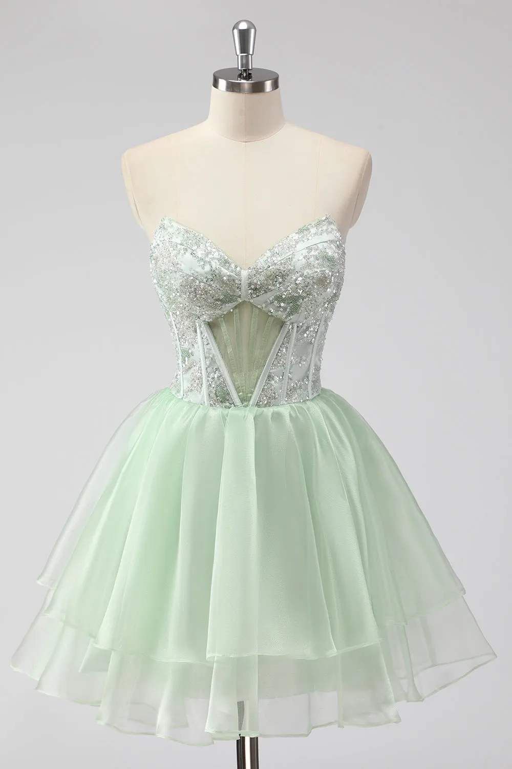 A Line Strapless Corset Light Green Short Homecoming Dress sold by Zapaka