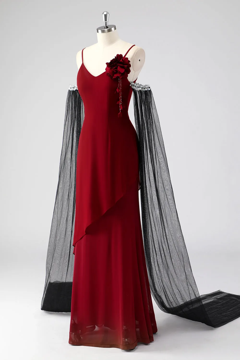 Red Spaghetti Straps Cape Sleeves Sheath Formal Dress sold by Zapaka product image thumbnail 3