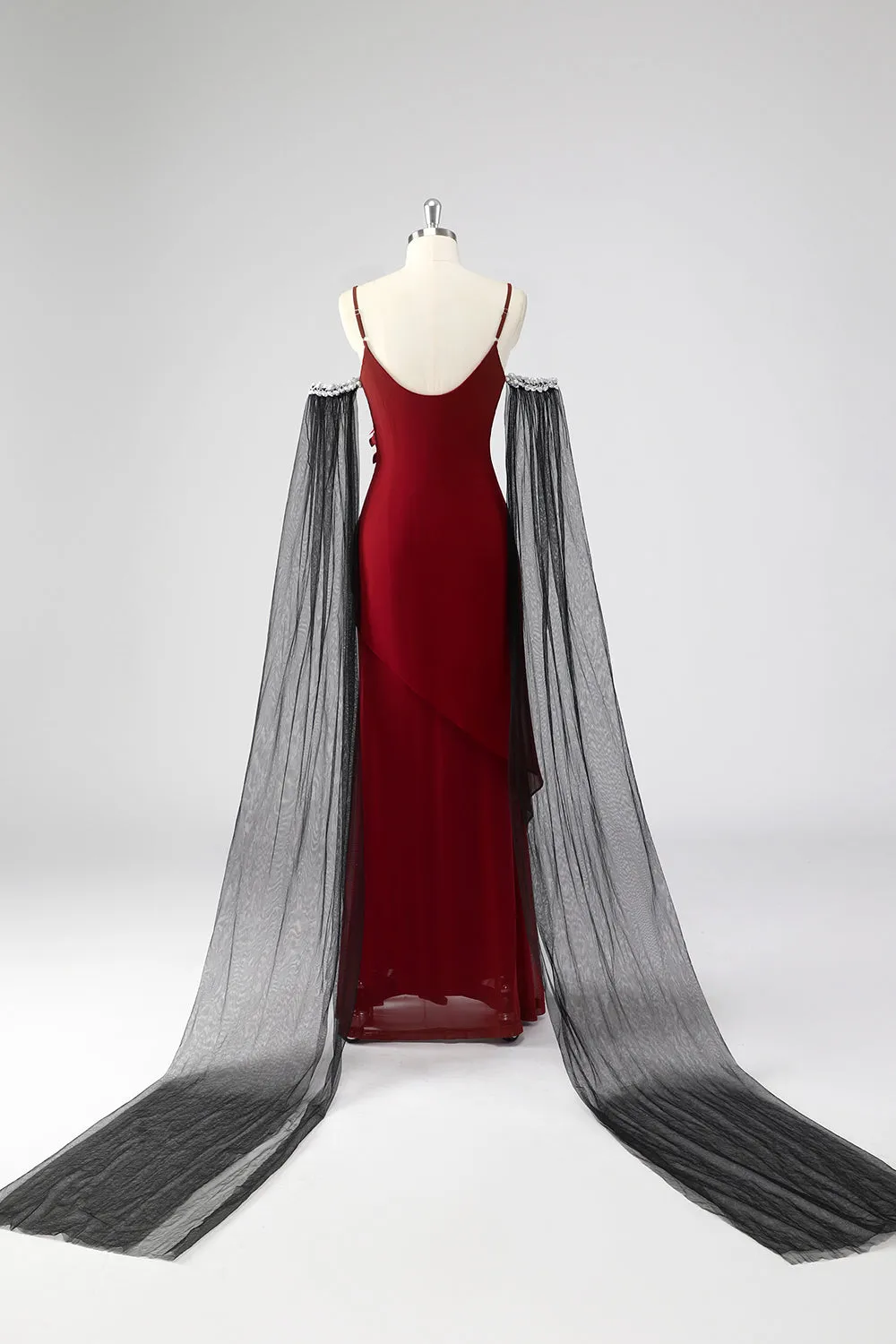 Red Spaghetti Straps Cape Sleeves Sheath Formal Dress sold by Zapaka product image thumbnail 2