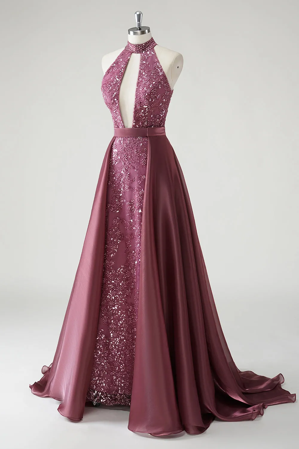 Halter Cut Out Sequins Purple Mermaid Formal Dress With Detachable Skirt Overlay sold by Zapaka product image thumbnail 3