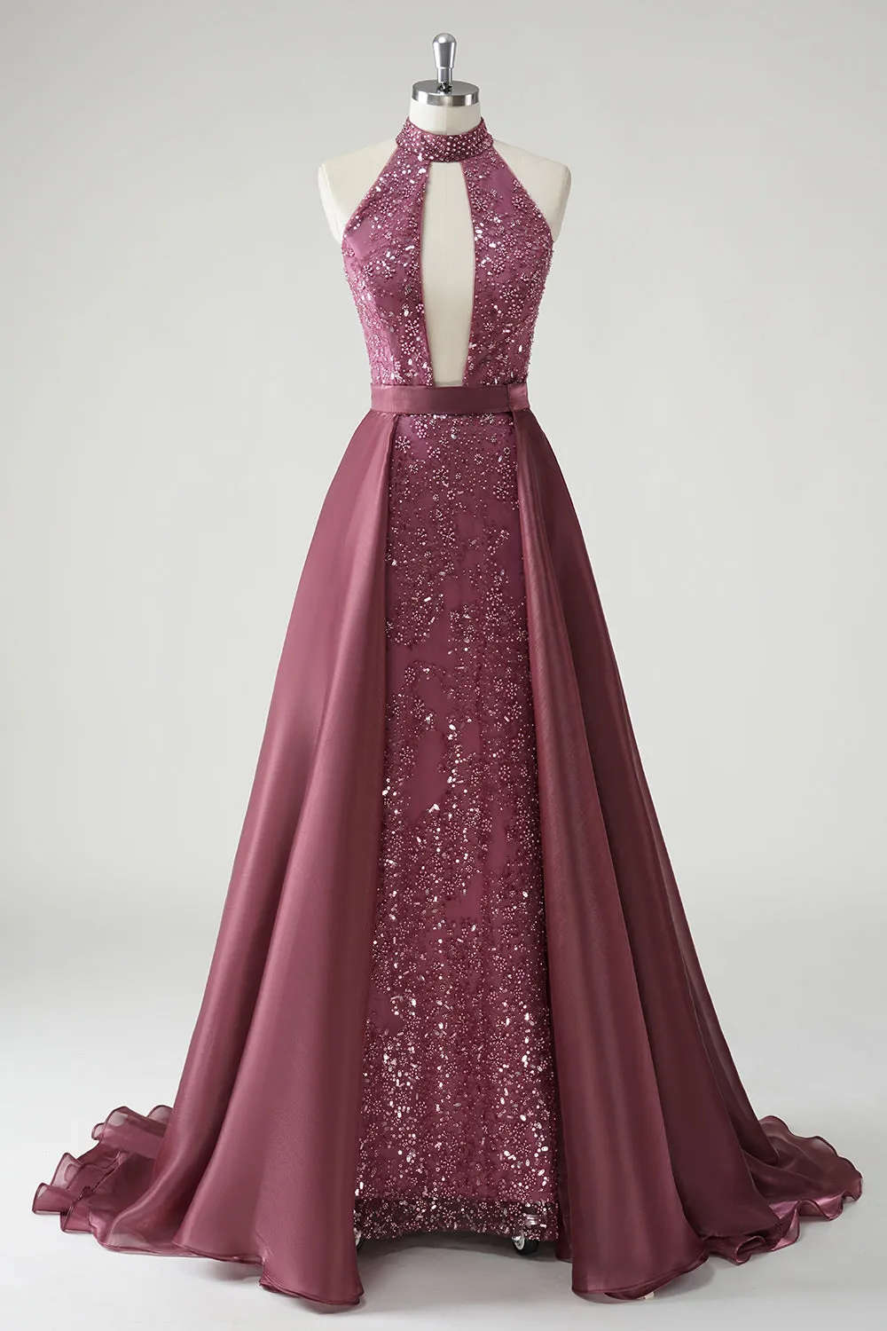 Halter Cut Out Sequins Purple Mermaid Formal Dress With Detachable Skirt Overlay sold by Zapaka