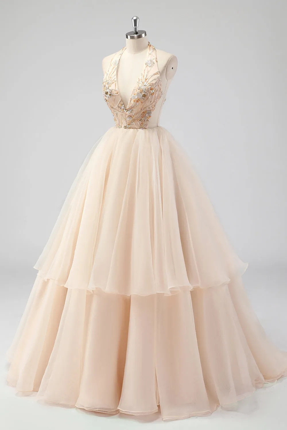 A Line Tiered Champagne Halter Beaded Formal Dress sold by Zapaka product image thumbnail 3