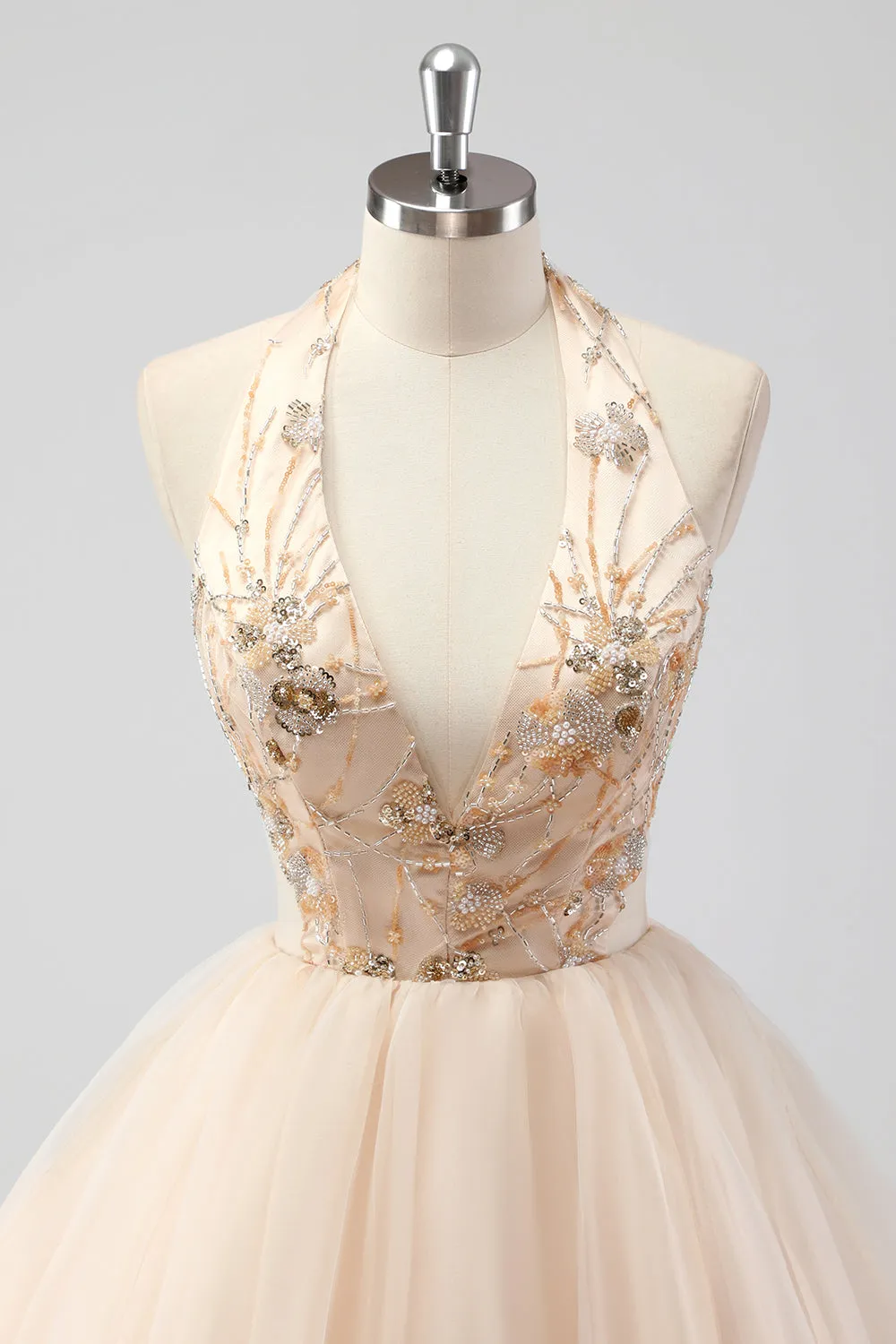 A Line Tiered Champagne Halter Beaded Formal Dress sold by Zapaka product image thumbnail 4
