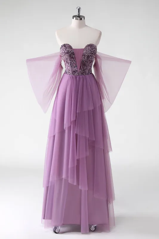 A Line Off The Shoulder Purple Sequins Wedding Guest Dress sold by Zapaka