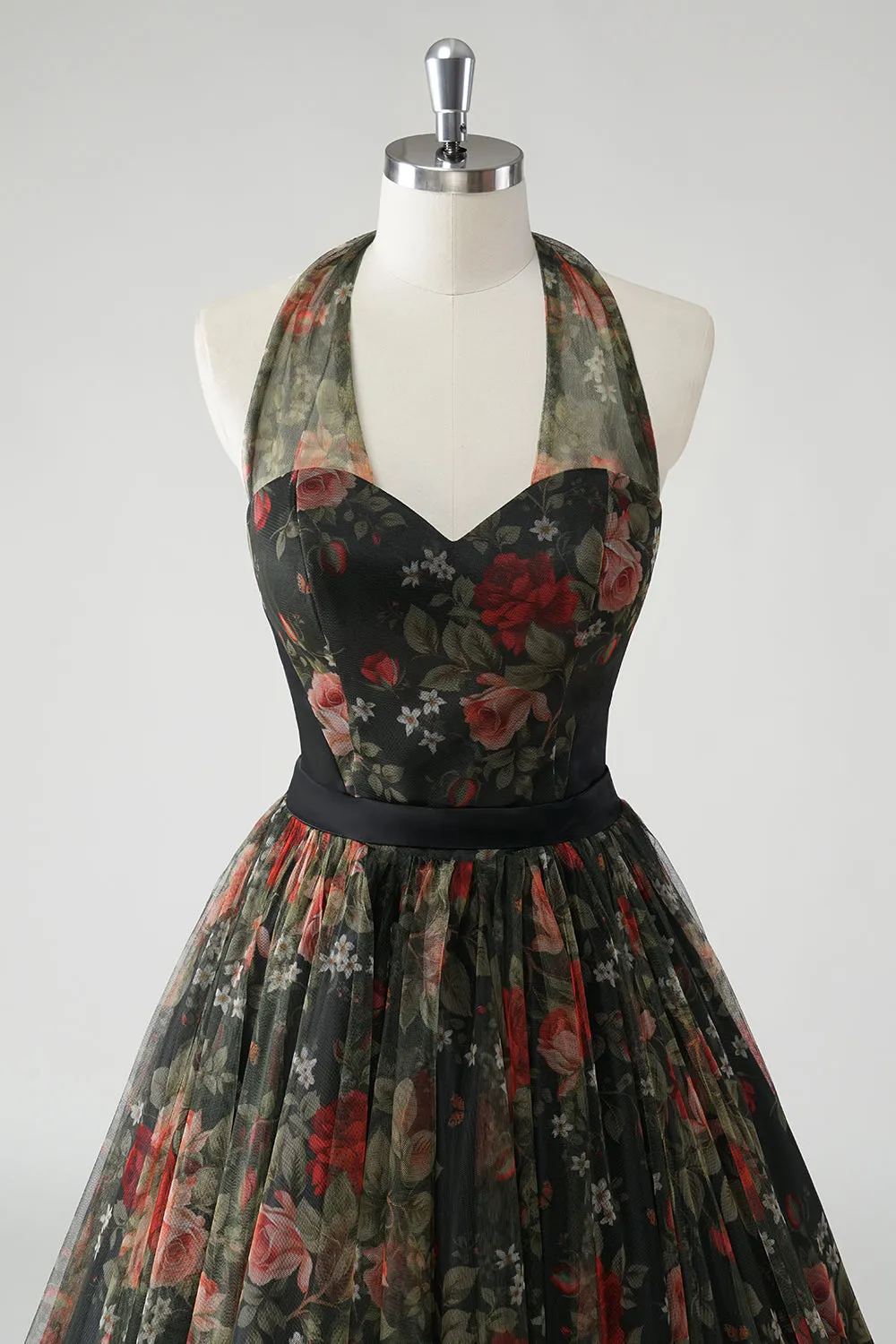 A Line Floral Printed Halter Dark Green Wedding Guest Dress sold by Zapaka product image thumbnail 4