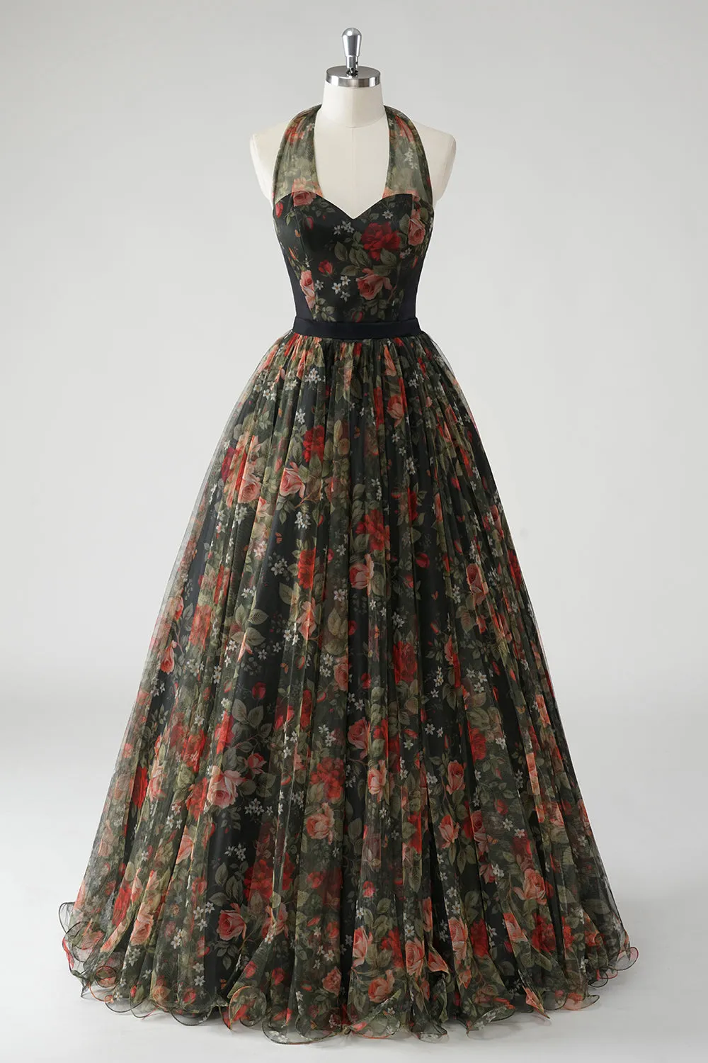 A Line Floral Printed Halter Dark Green Wedding Guest Dress sold by Zapaka
