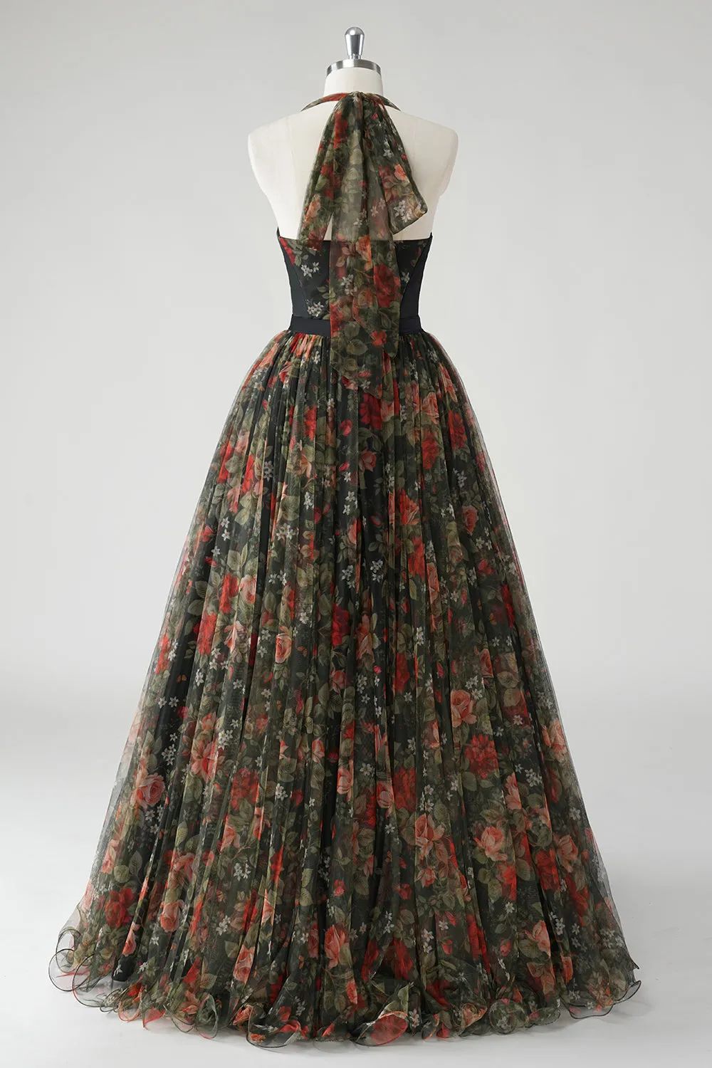 A Line Floral Printed Halter Dark Green Wedding Guest Dress sold by Zapaka product image thumbnail 2