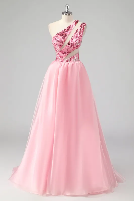 Pink One Shoulder Hollow Out A Line Appliques Long Prom Dress sold by Zapaka
