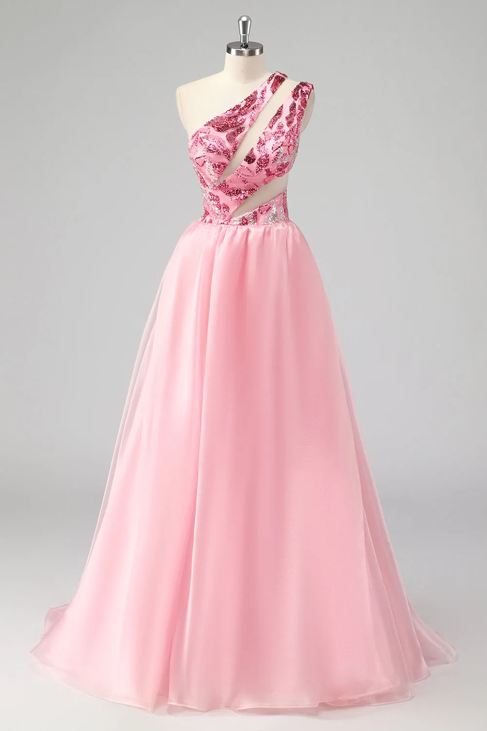Pink One Shoulder Hollow Out A Line Appliques Long Prom Dress sold by Zapaka