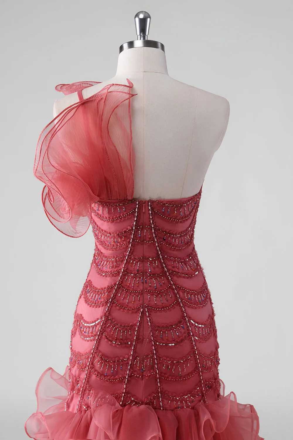 One Shoulder Red Tiered Ruffles Sequins Formal Dress sold by Zapaka product image thumbnail 5