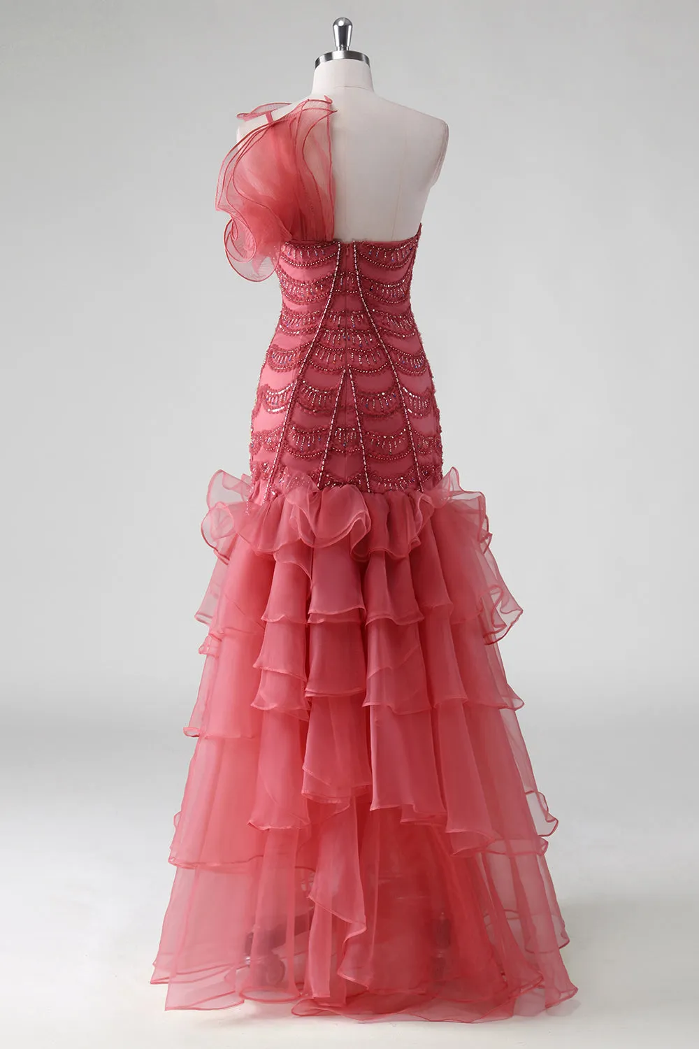 One Shoulder Red Tiered Ruffles Sequins Formal Dress sold by Zapaka product image thumbnail 2