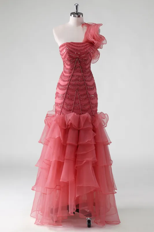 One Shoulder Red Tiered Ruffles Sequins Formal Dress sold by Zapaka