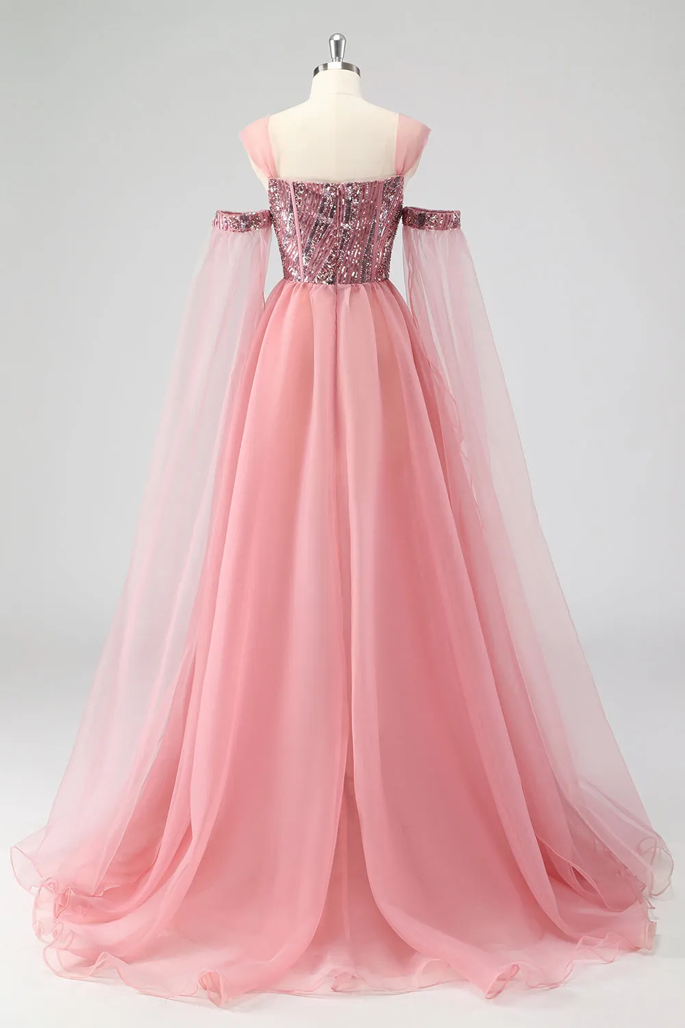 A Line Pink Cape Sleeves Off The Shoulder Sequins Formal Dress sold by Zapaka product image thumbnail 2