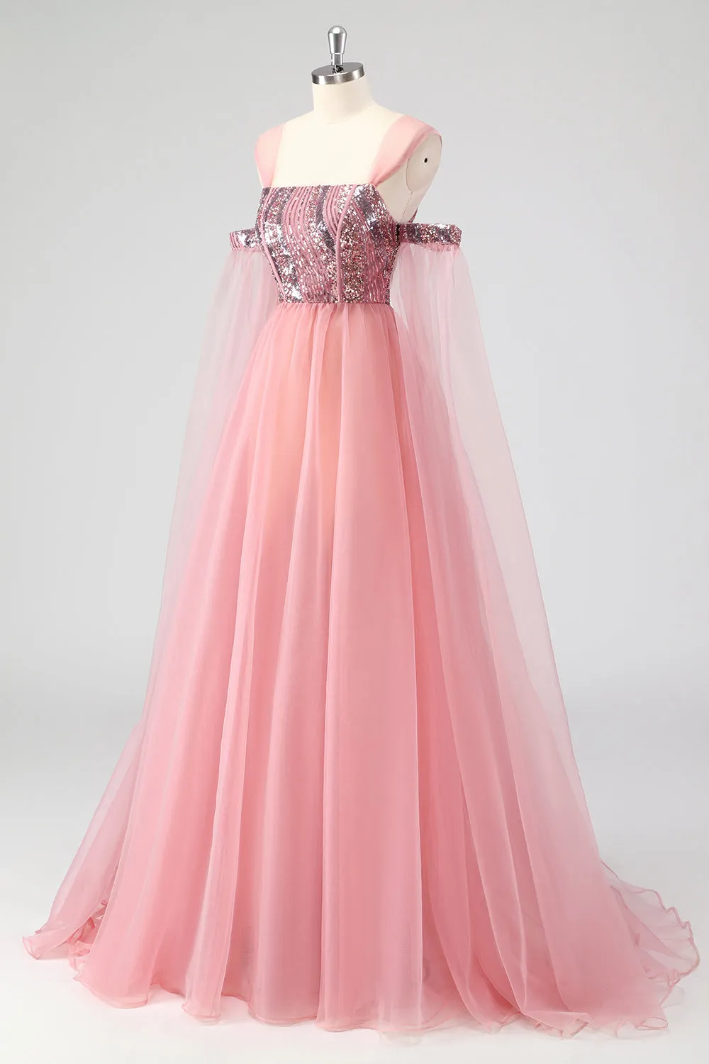 A Line Pink Cape Sleeves Off The Shoulder Sequins Formal Dress sold by Zapaka product image thumbnail 3