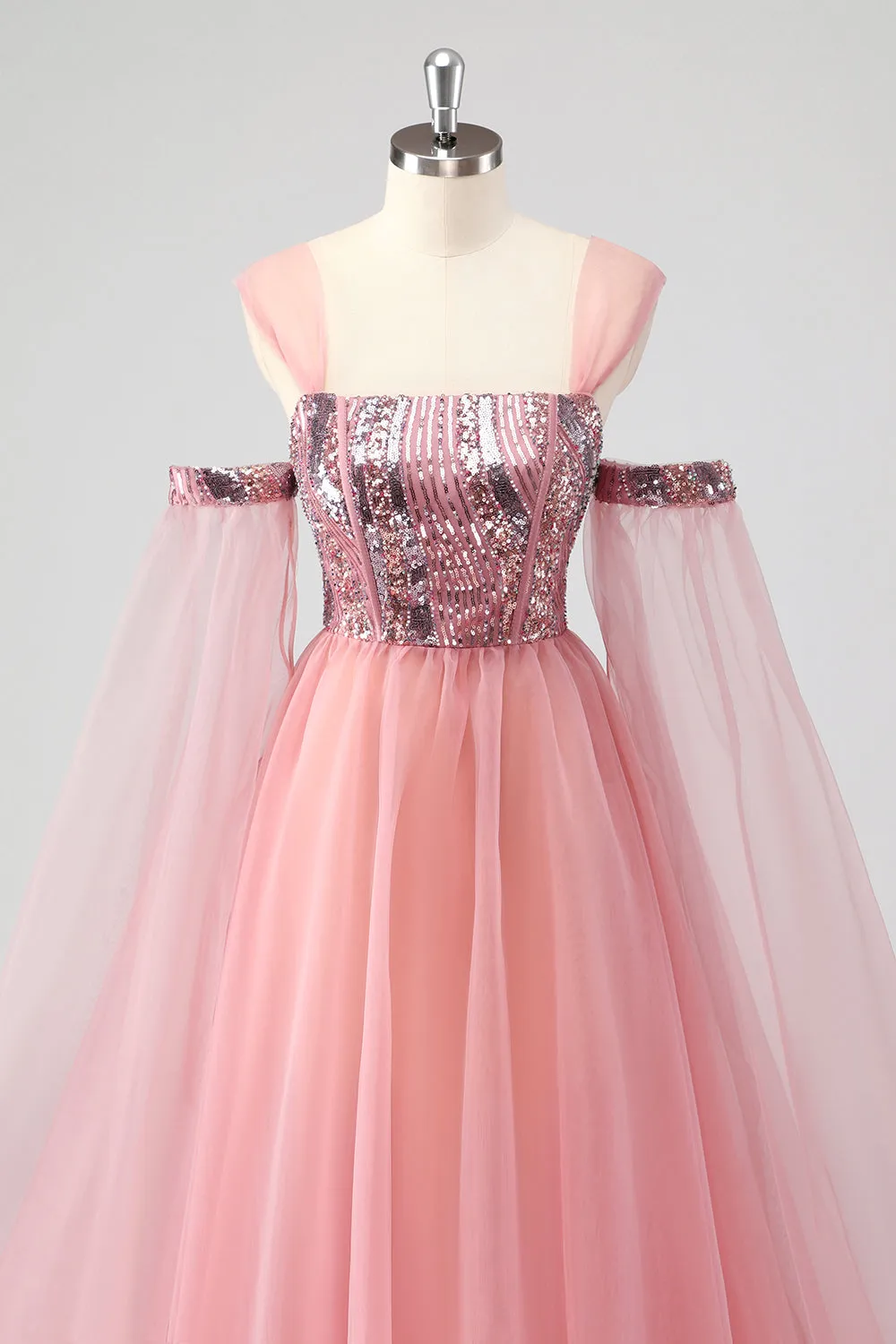 A Line Pink Cape Sleeves Off The Shoulder Sequins Formal Dress sold by Zapaka product image thumbnail 4