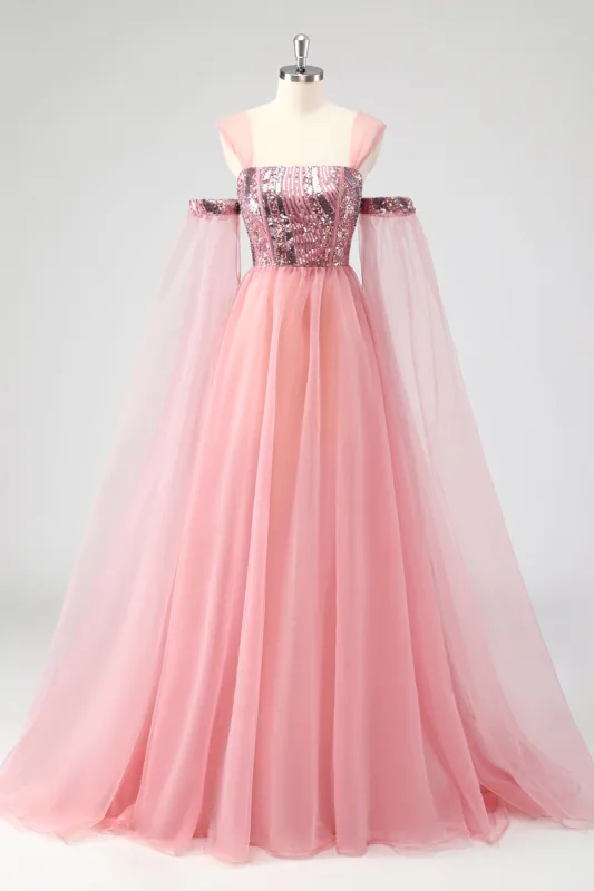 A Line Pink Cape Sleeves Off The Shoulder Sequins Formal Dress sold by Zapaka