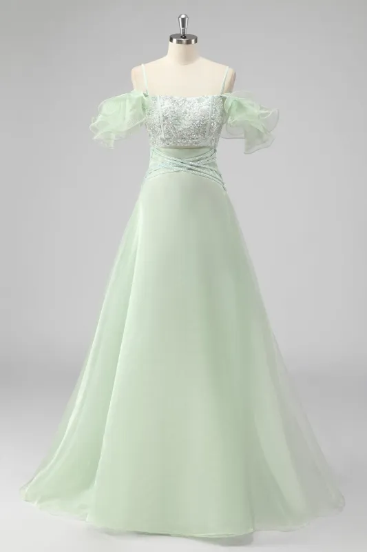 A Line Light Green Off The Shoulder Sequins Wedding Guest Dress sold by Zapaka