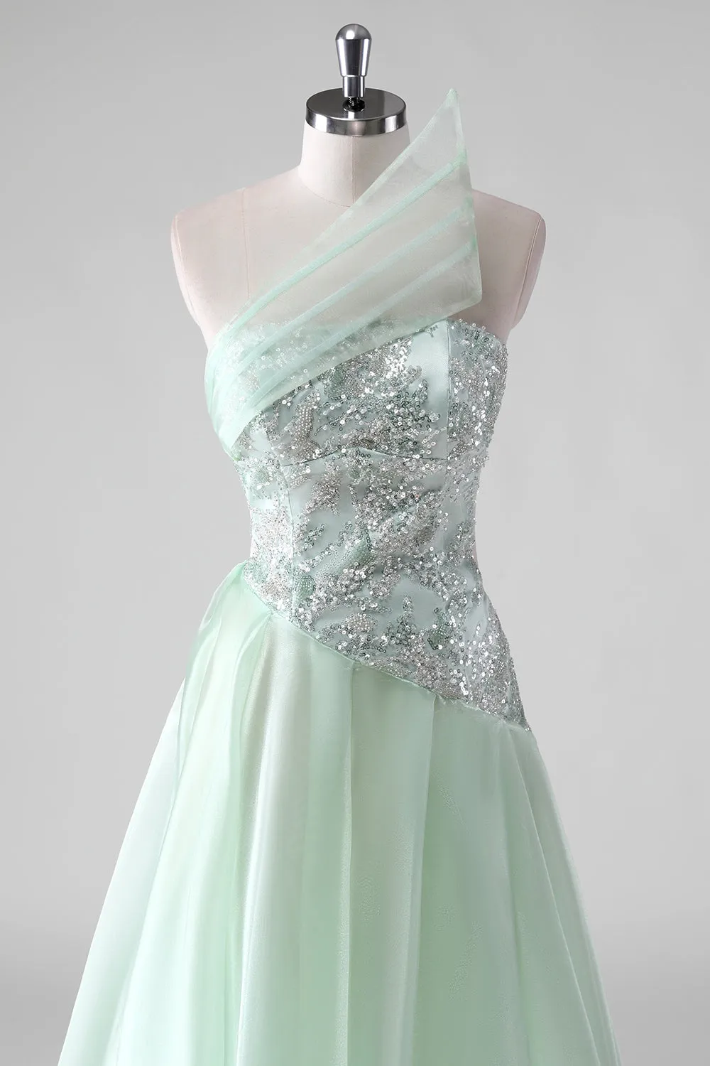 Light Green Sequins A Line Strapless Ruched Wedding Guest Dress sold by Zapaka product image thumbnail 4
