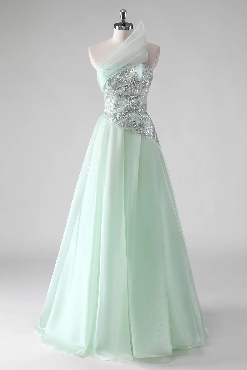 Light Green Sequins A Line Strapless Ruched Wedding Guest Dress sold by Zapaka