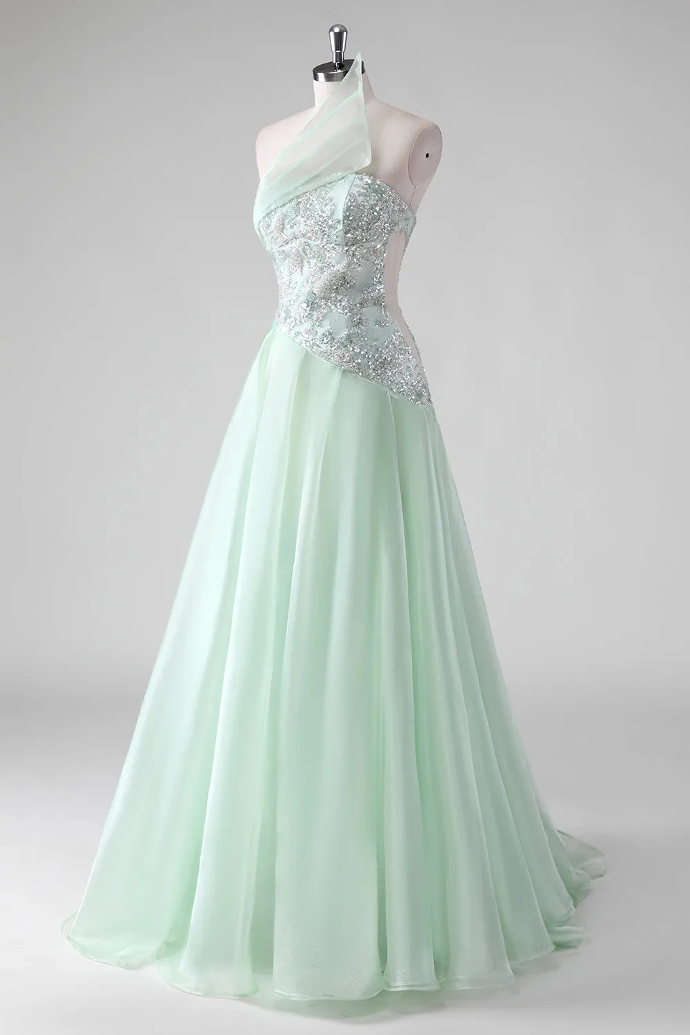Light Green Sequins A Line Strapless Ruched Wedding Guest Dress sold by Zapaka product image thumbnail 3