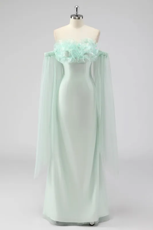Light Green Strapless Cape Sleeves Sheath Wedding Guest Dress sold by Zapaka