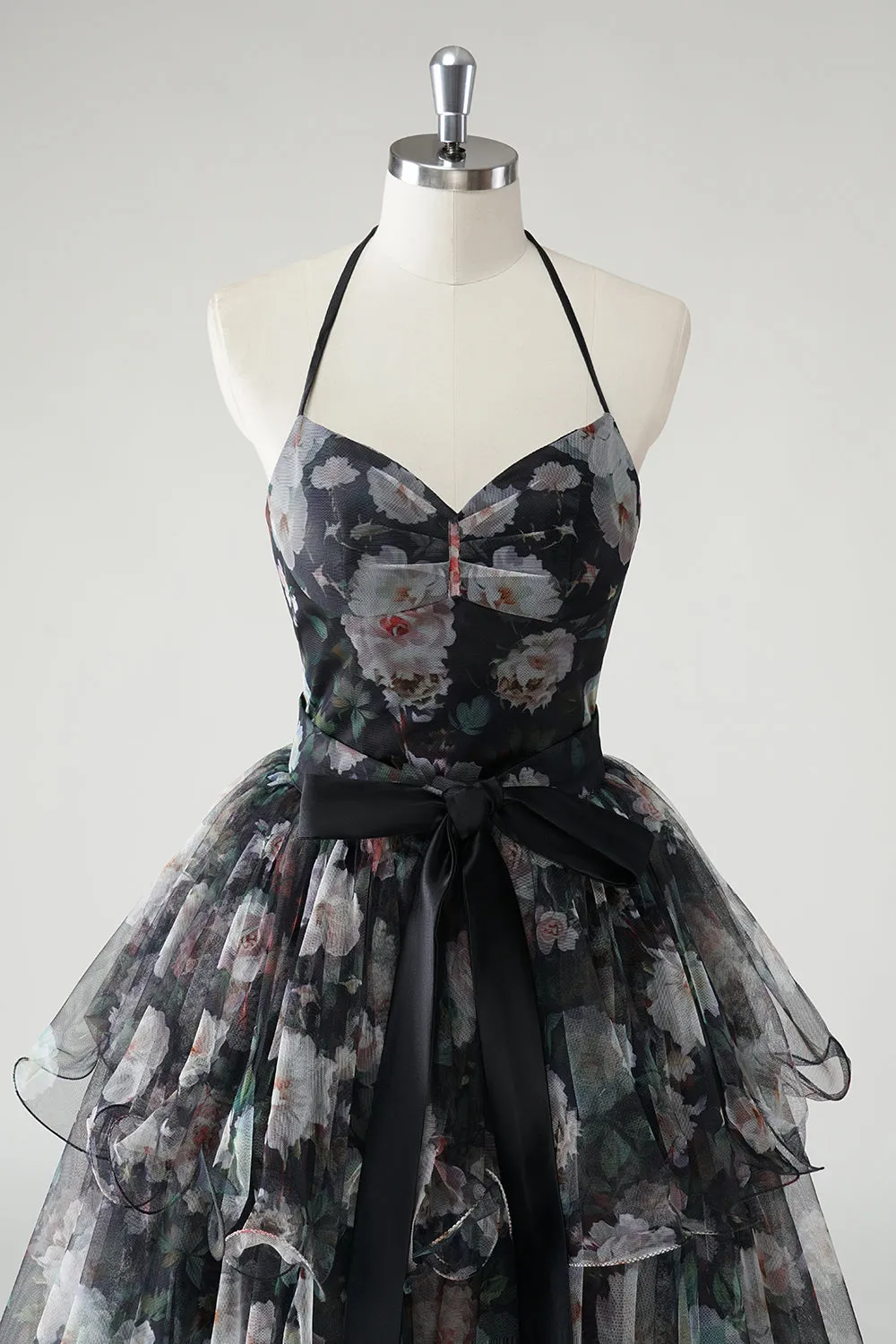 Black A Line Tiered Halter Floral Wedding Guest Dress With Detachable Hem sold by Zapaka product image thumbnail 4