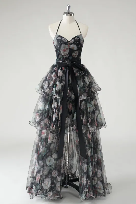 Black A Line Tiered Halter Floral Wedding Guest Dress With Detachable Hem sold by Zapaka