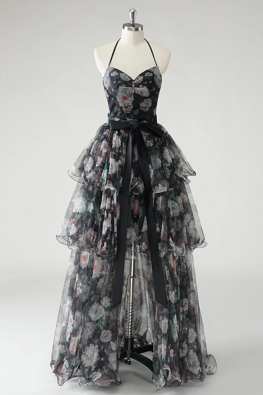 Black A Line Tiered Halter Floral Wedding Guest Dress With Detachable Hem sold by Zapaka