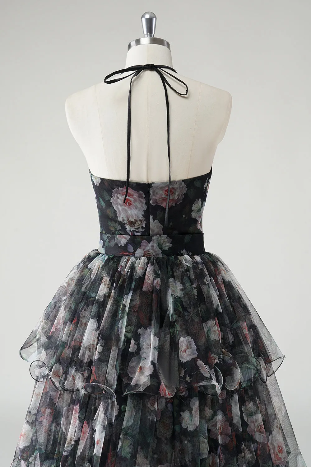 Black A Line Tiered Halter Floral Wedding Guest Dress With Detachable Hem sold by Zapaka product image thumbnail 5