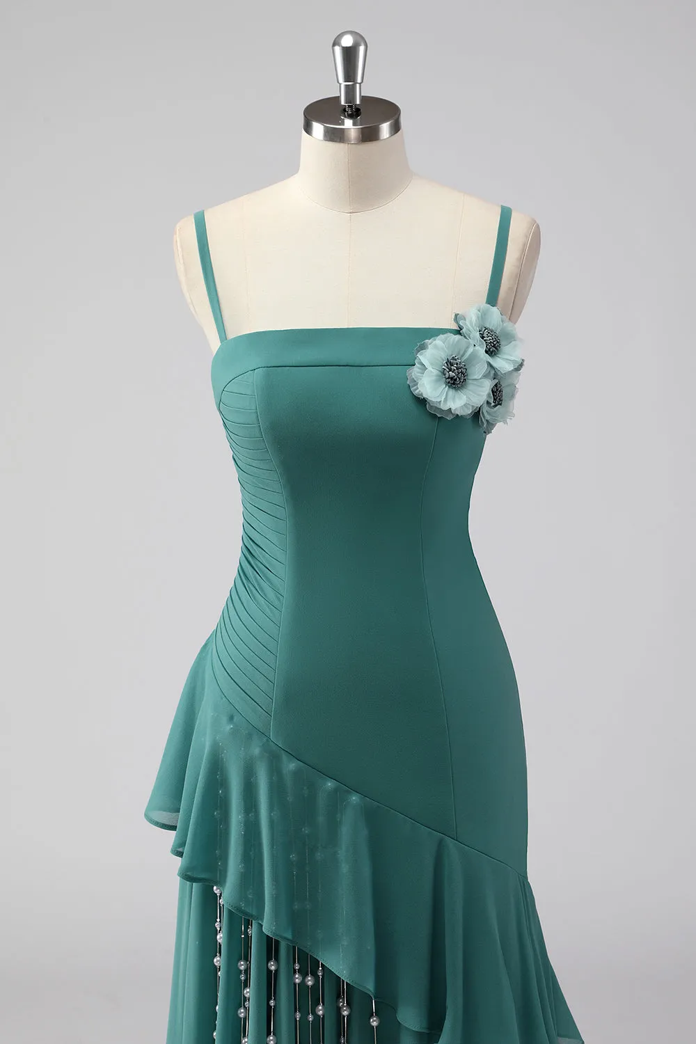 Ruffles Grey Green Spaghetti Straps Sheath Wedding Guest Dress sold by Zapaka product image thumbnail 4