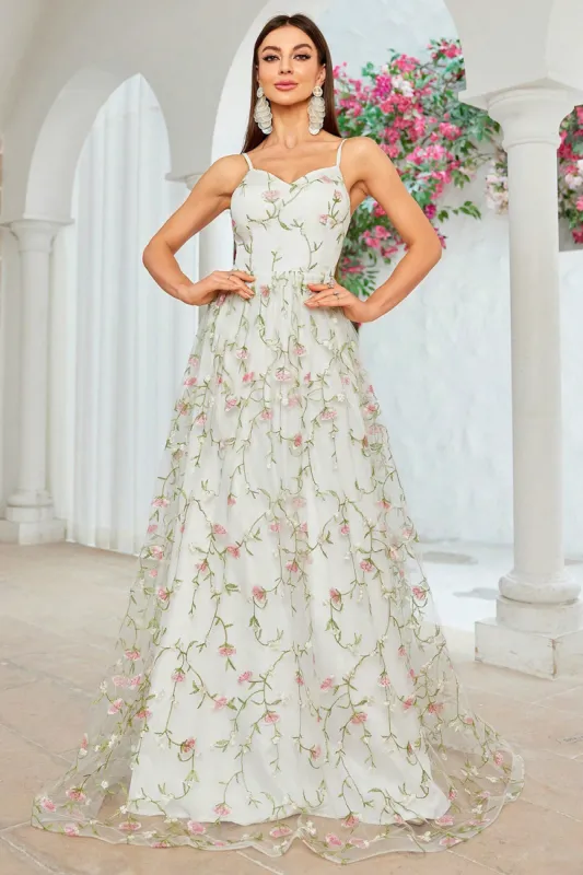 A Line Ivory Flower Spaghetti Straps Embroidery Long Wedding Dress sold by Zapaka