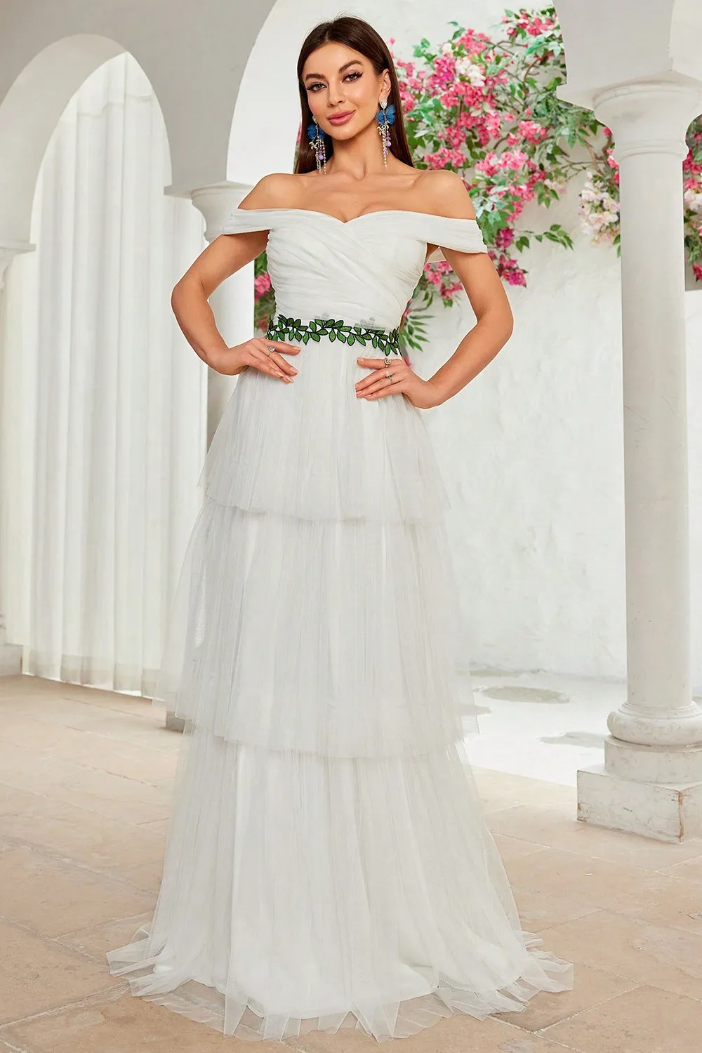 A Line Ivory Off The Shoulder Tiered Tulle Long Wedding Dress sold by Zapaka product image thumbnail 3