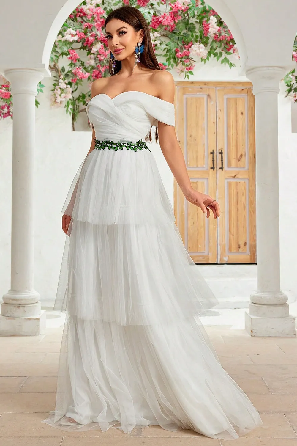 A Line Ivory Off The Shoulder Tiered Tulle Long Wedding Dress sold by Zapaka product image thumbnail 4