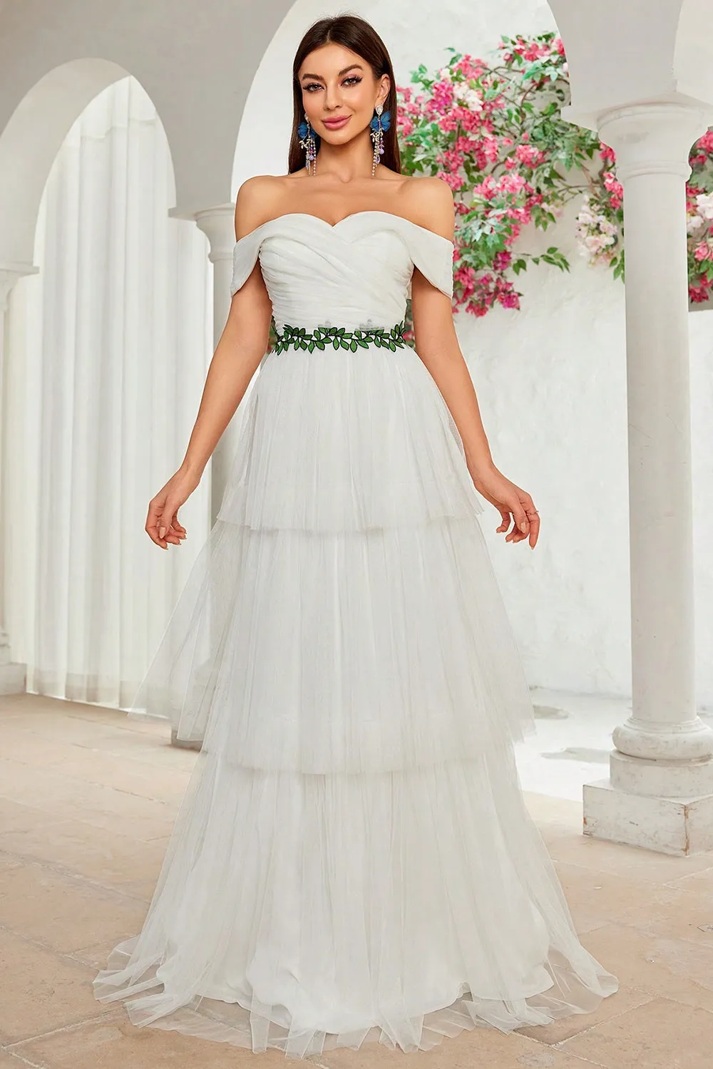 A Line Ivory Off The Shoulder Tiered Tulle Long Wedding Dress sold by Zapaka
