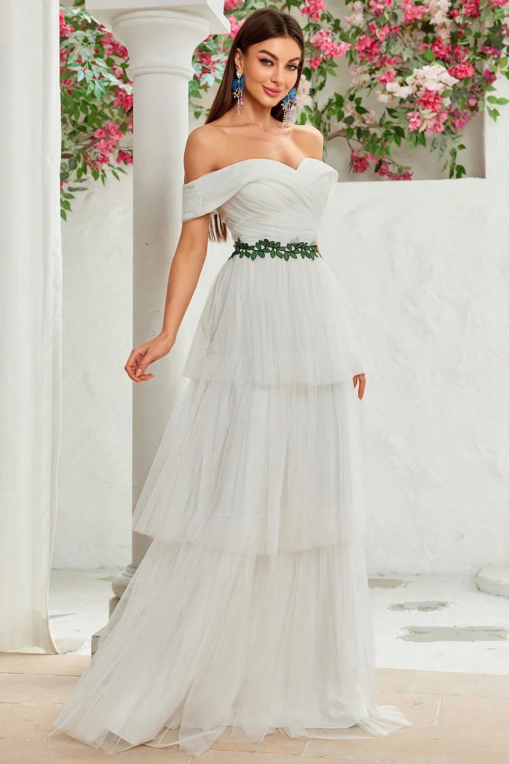A Line Ivory Off The Shoulder Tiered Tulle Long Wedding Dress sold by Zapaka product image thumbnail 5