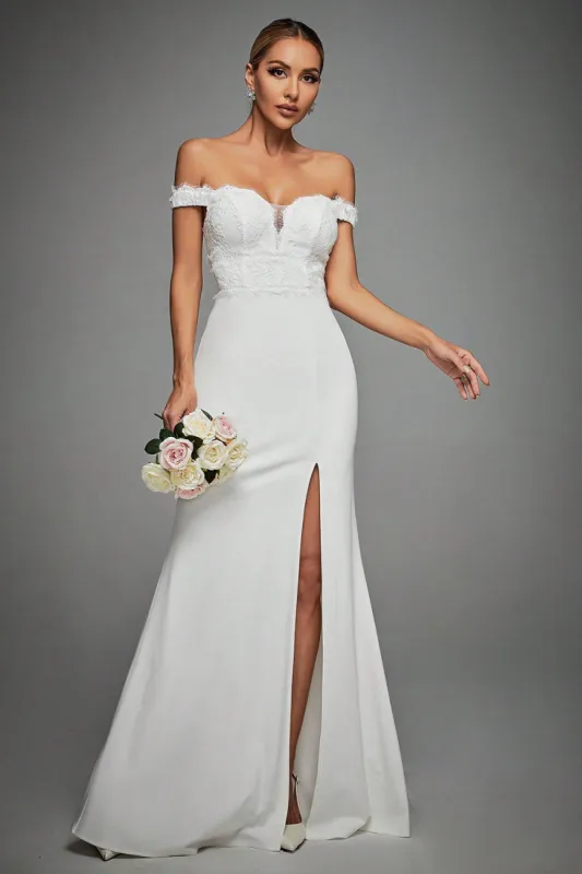Off The Shoulder Ivory Mermaid Long Wedding Dress with Slit made by Zapaka
