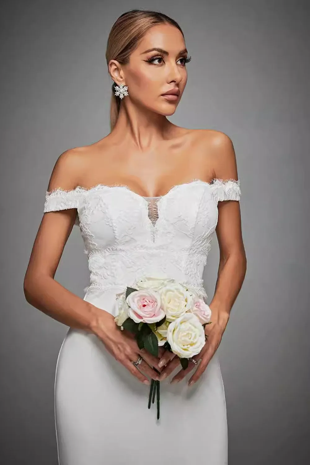Off The Shoulder Ivory Mermaid Long Wedding Dress with Slit sold by Zapaka product image thumbnail 5