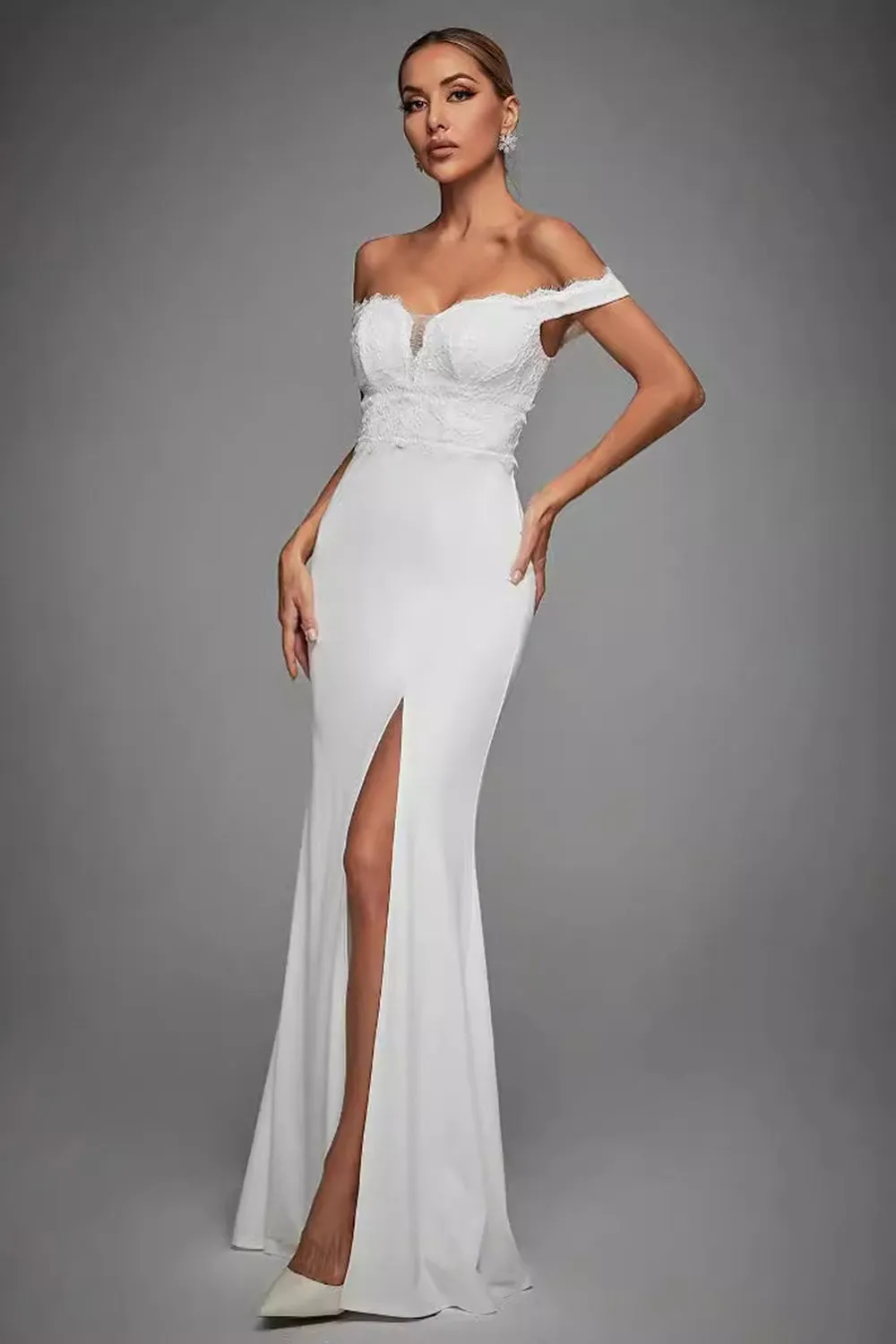 Off The Shoulder Ivory Mermaid Long Wedding Dress with Slit sold by Zapaka product image thumbnail 3